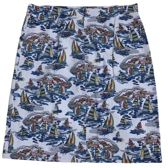 NINE WEST Linen Cotton Pencil Skirt Pockets Sailing Boat Artwork Women 12 NWT - Picture 6 of 12